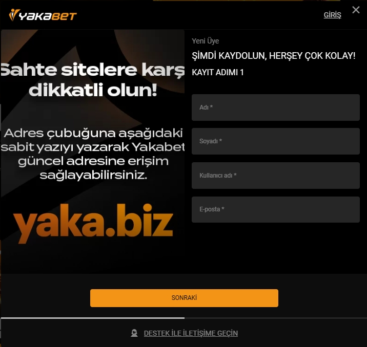 Yakabet kayıt ve üyelik ekranı